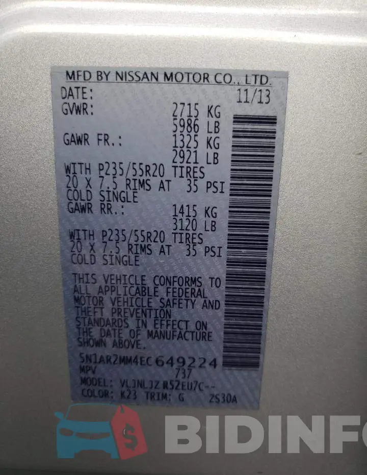 5N1AR2MM4EC649224 Photo# 13