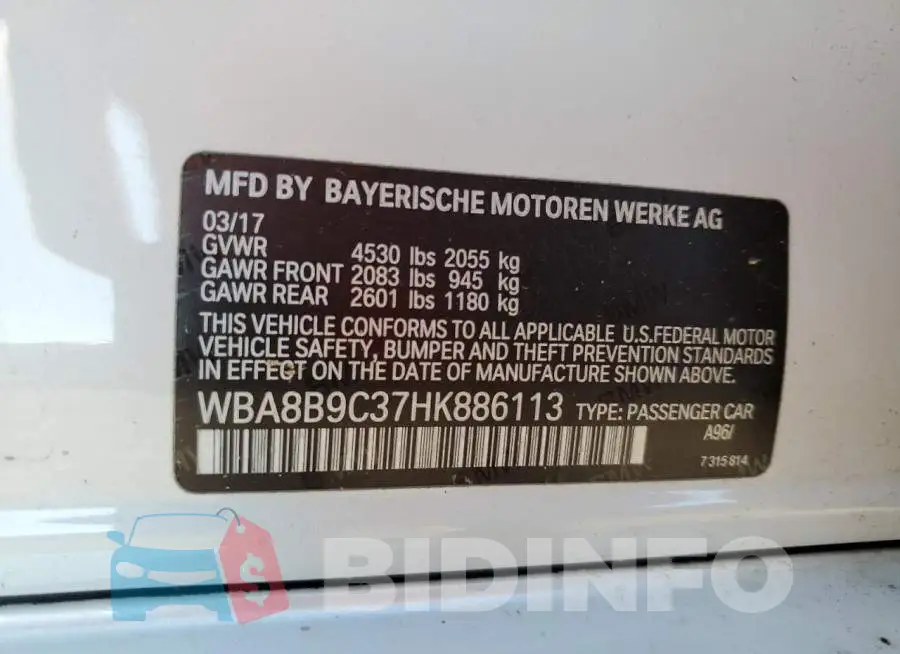 WBA8B9C37HK886113 Photo# 12