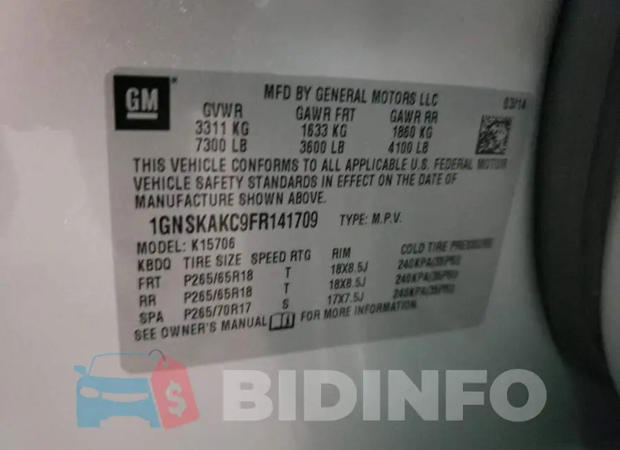 1GNSKAKC9FR141709 Photo# 13