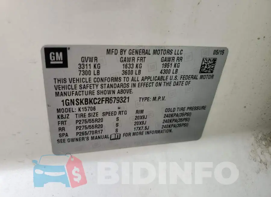 1GNSKBKC2FR679321 Photo# 13