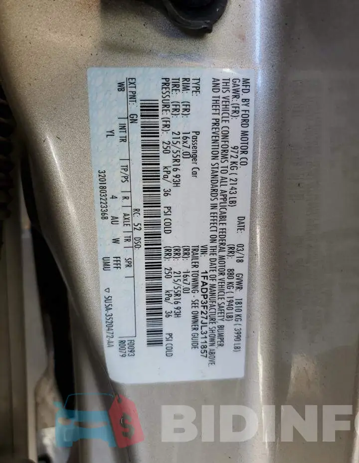 1FADP3F27JL311857 Photo# 13