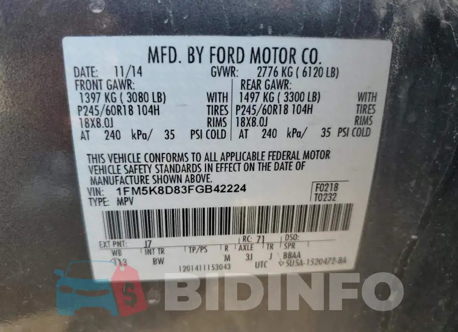 1FM5K8D83FGB42224 Photo# 12