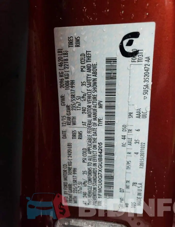 1FMCU0G7XGUB84205 Photo# 13