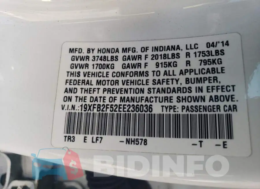 19XFB2F52EE236036 Photo# 12
