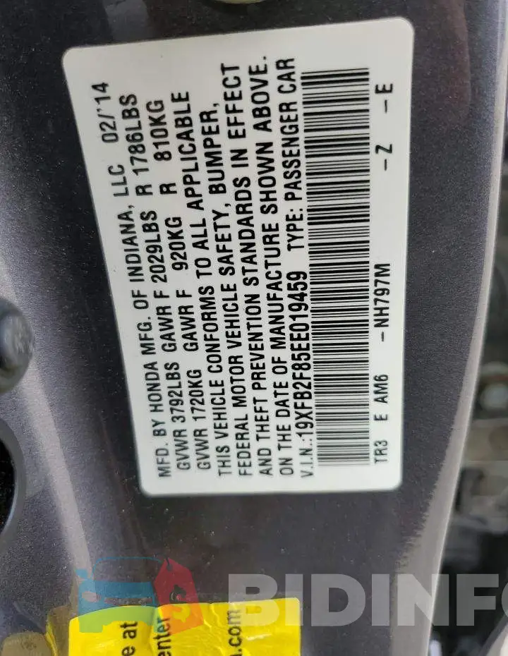 19XFB2F85EE019459 Photo# 13