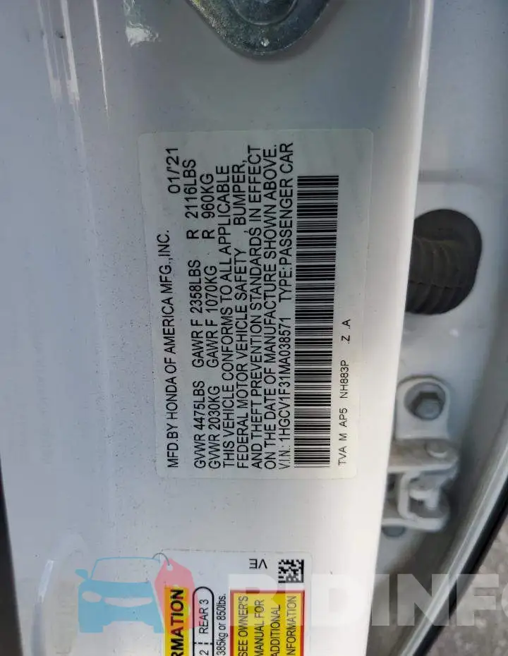 1HGCV1F31MA038571 Photo# 12