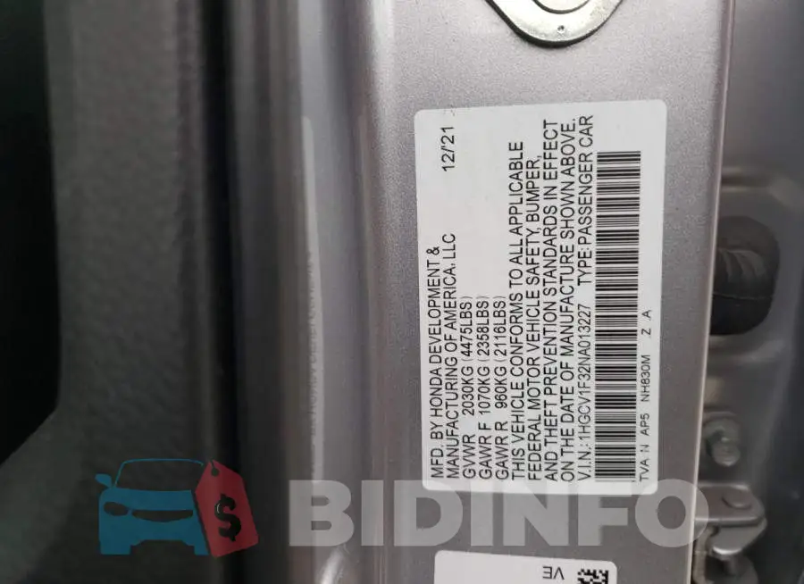 1HGCV1F32NA013227 Photo# 12