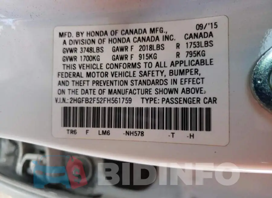 2HGFB2F52FH561759 Photo# 12