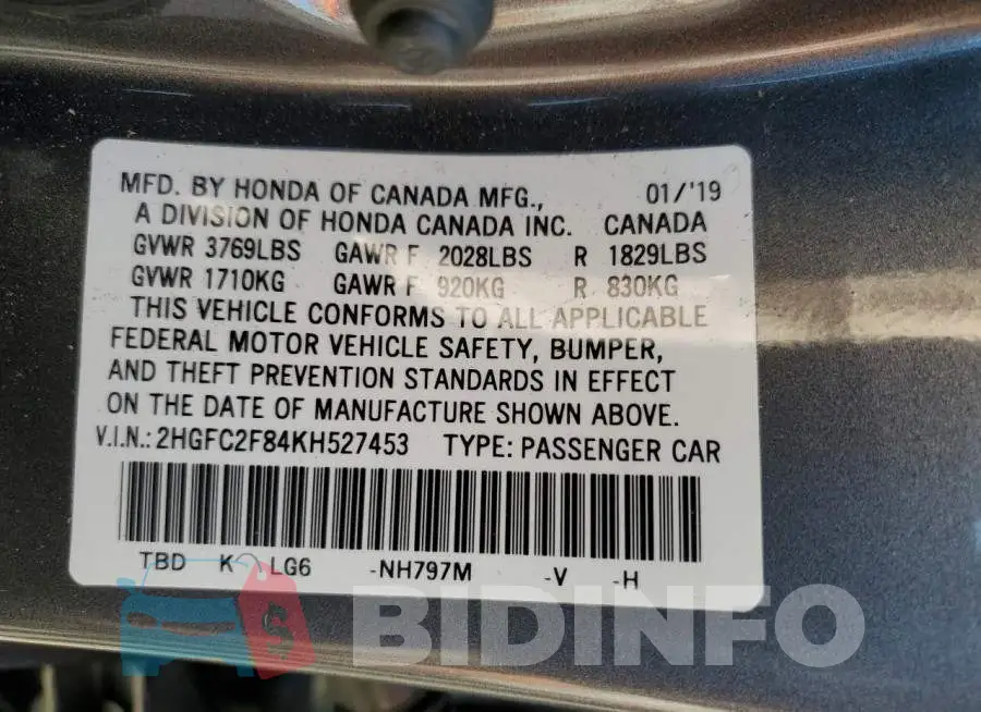 2HGFC2F84KH527453 Photo# 13