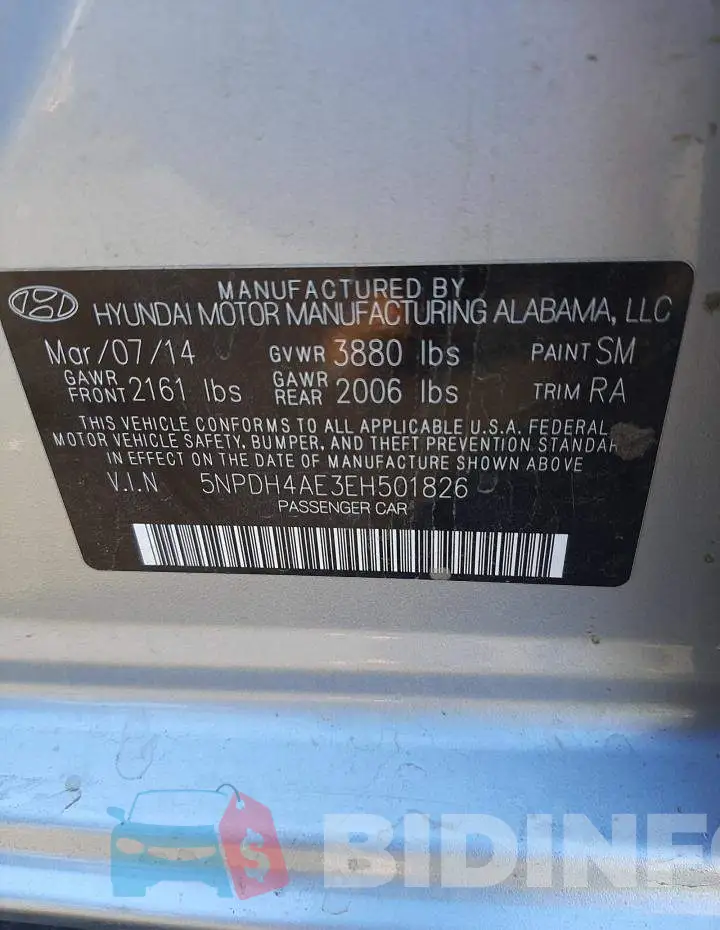 5NPDH4AE3EH501826 Photo# 12