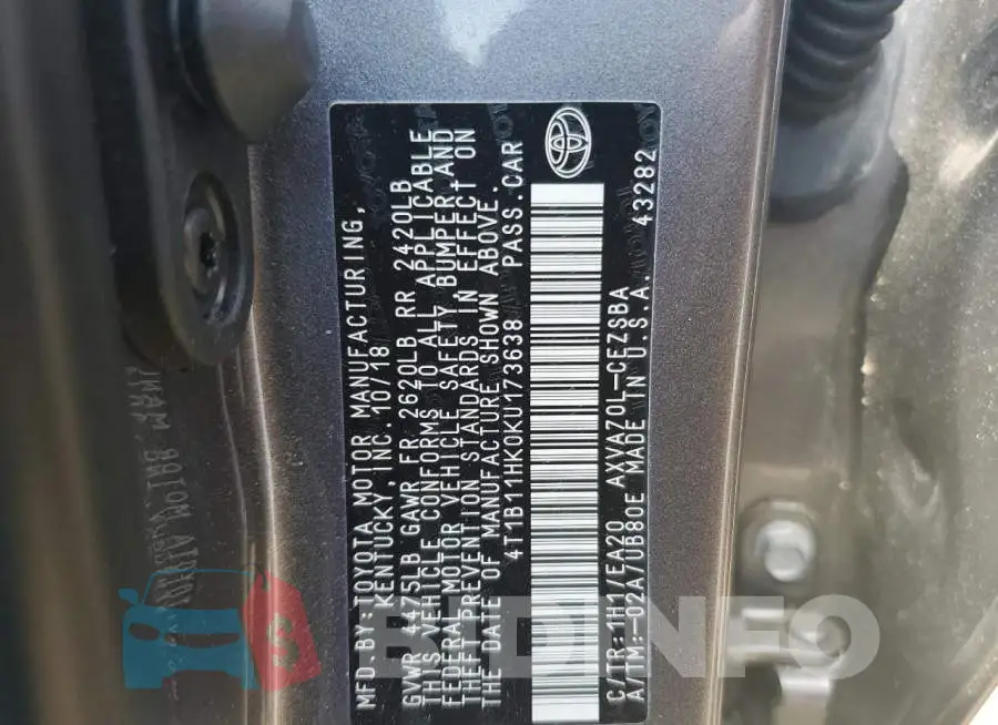 4T1B11HK0KU173638 Photo# 12