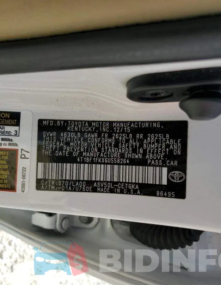 4T1BF1FKXGU558264 Photo# 10