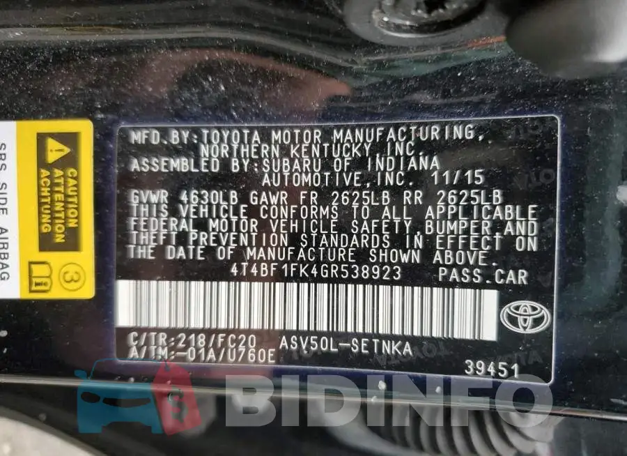 4T4BF1FK4GR538923 Photo# 12