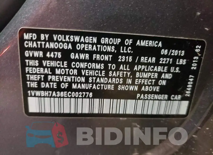 1VWBH7A36EC002776 Photo# 13
