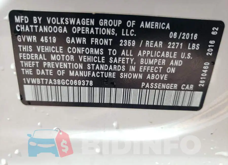 1VWBT7A38GC069378 Photo# 12