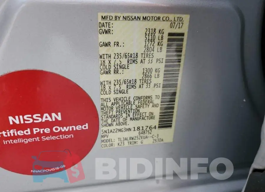 5N1AZ2MG3HN181764 Photo# 13