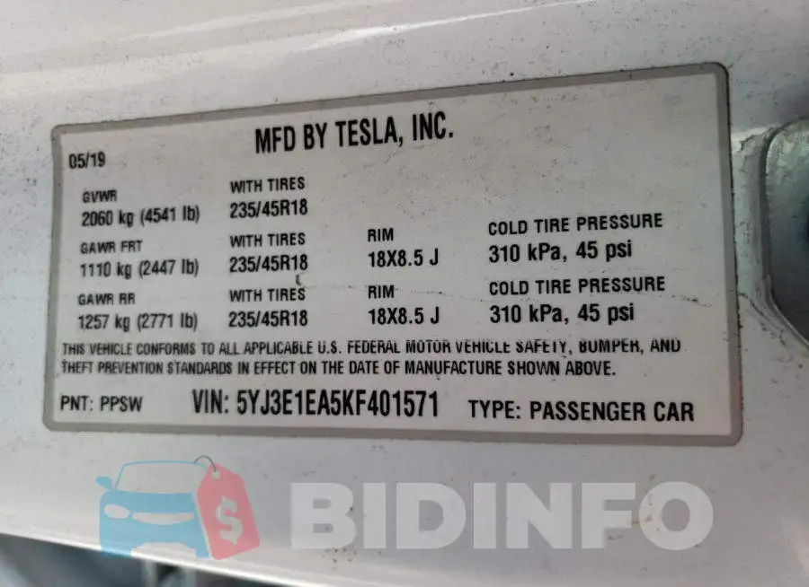 5YJ3E1EA5KF401571 Photo# 12