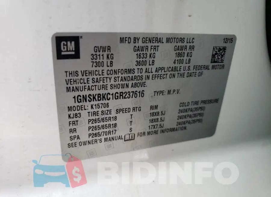 1GNSKBKC1GR237616 Photo# 14