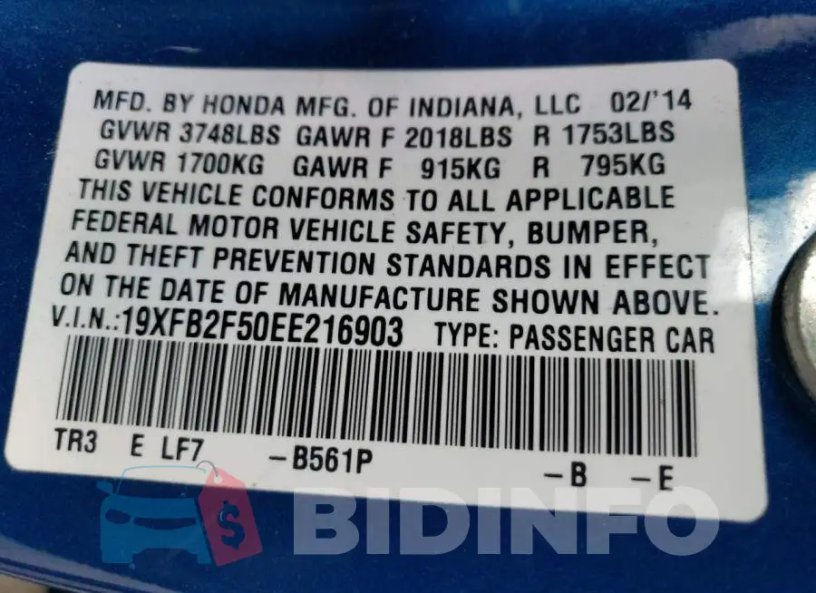 19XFB2F50EE216903 Photo# 12