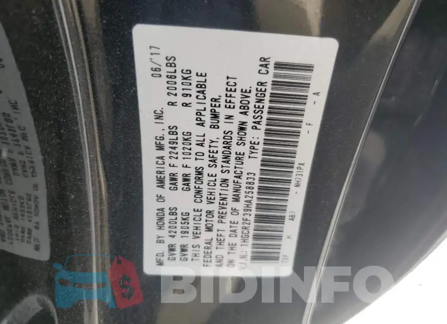 1HGCR2F39HA258833 Photo# 12