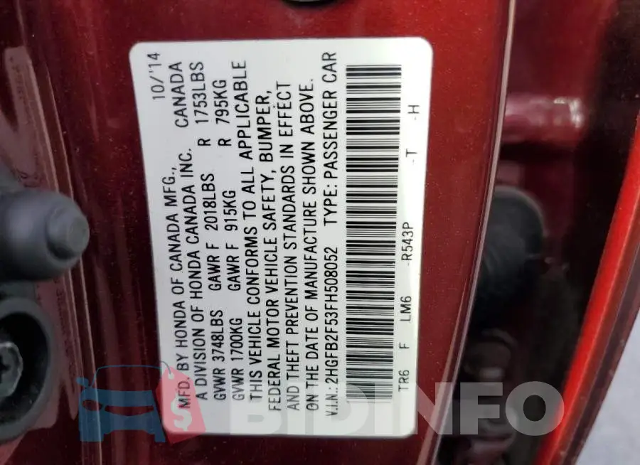 2HGFB2F53FH508052 Photo# 12