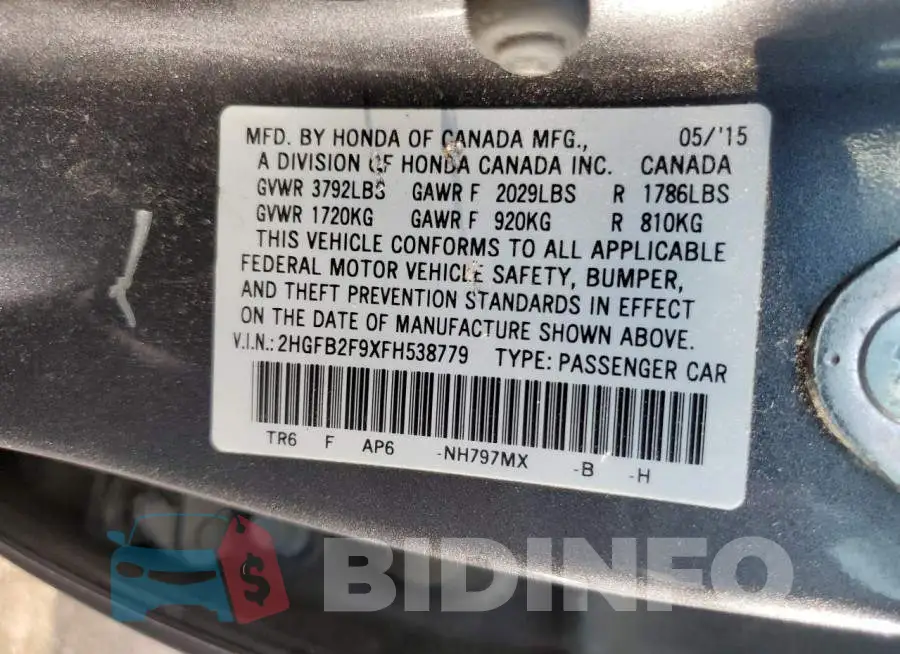 2HGFB2F9XFH538779 Photo# 12
