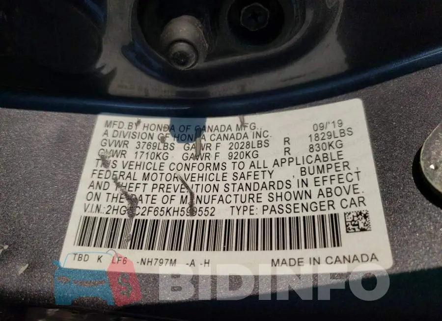 2HGFC2F65KH599552 Photo# 12