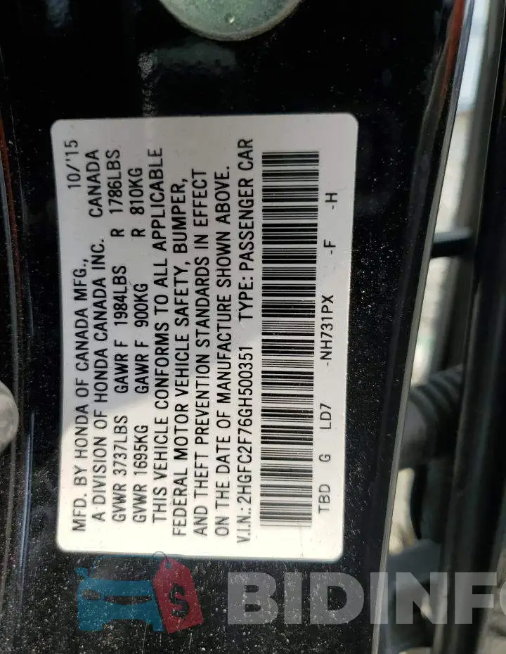 2HGFC2F76GH500351 Photo# 12