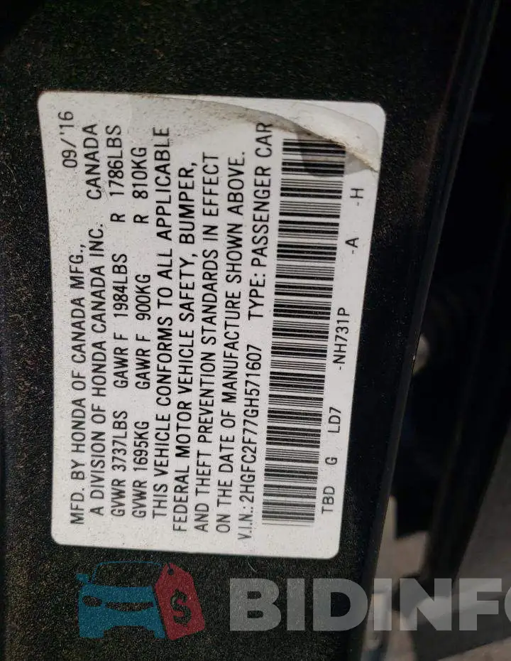 2HGFC2F77GH571607 Photo# 12