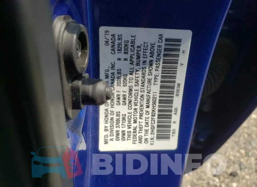 2HGFC2F82KH560211 Photo# 12