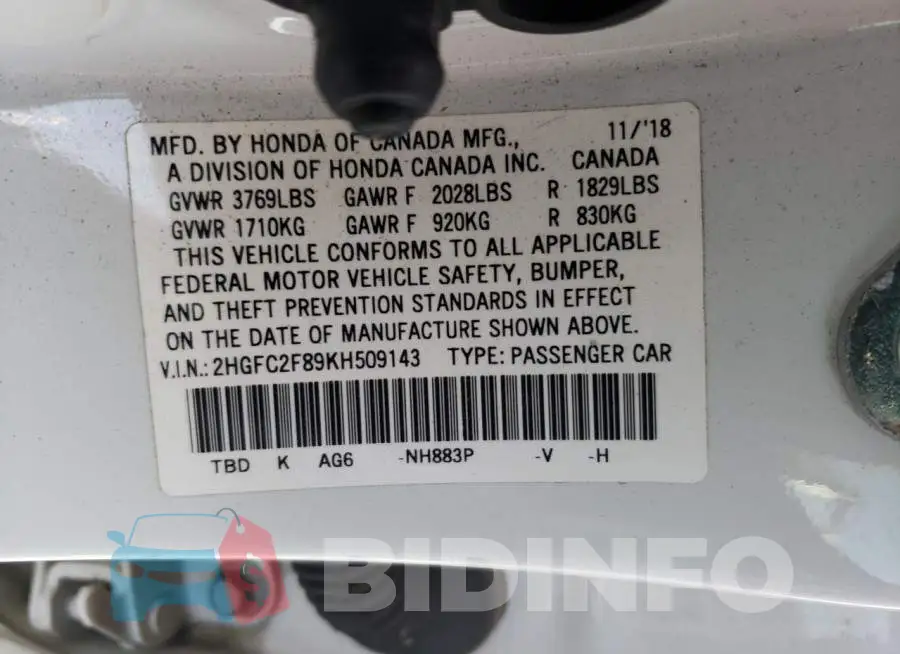 2HGFC2F89KH509143 Photo# 12