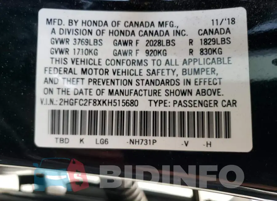 2HGFC2F8XKH515680 Photo# 13