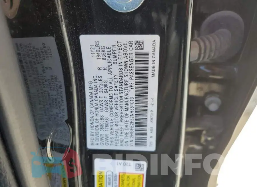 2HGFE2F52NH551013 Photo# 12