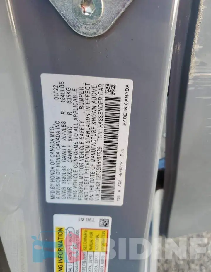 2HGFE2F55NH567626 Photo# 12