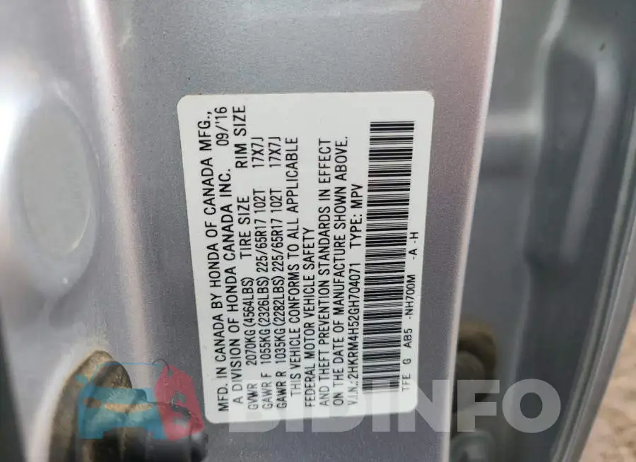 2HKRM4H52GH704071 Photo# 13