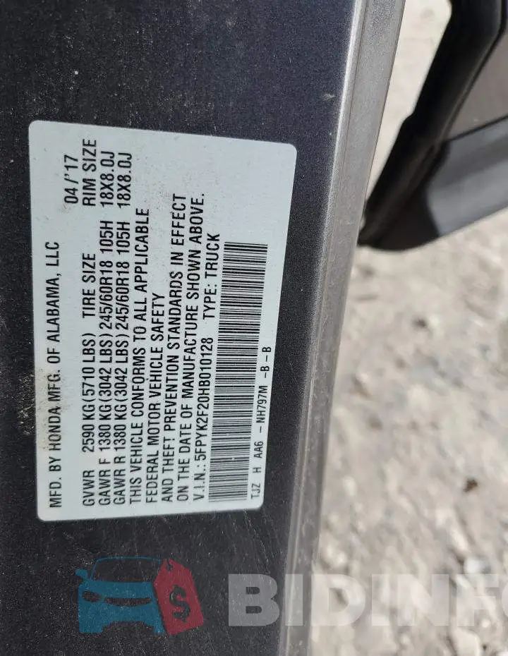 5FPYK2F20HB010128 Photo# 12