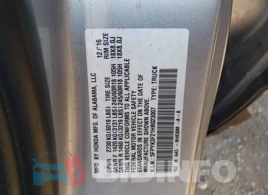 5FPYK3F21HB023007 Photo# 13