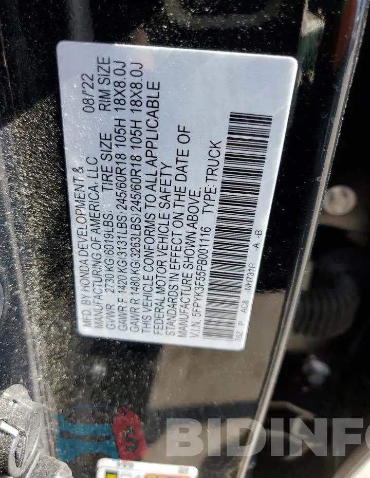 5FPYK3F55PB001116 Photo# 12