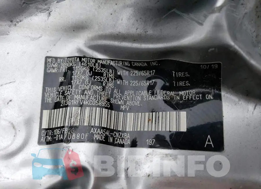 2T3G1RFV4KC058955 Photo# 14