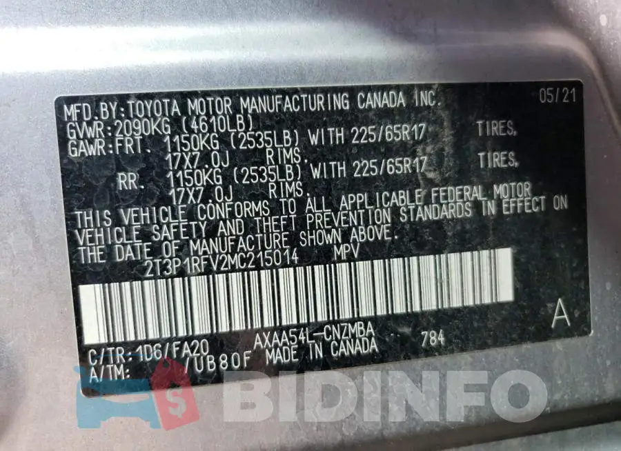 2T3P1RFV2MC215014 Photo# 14