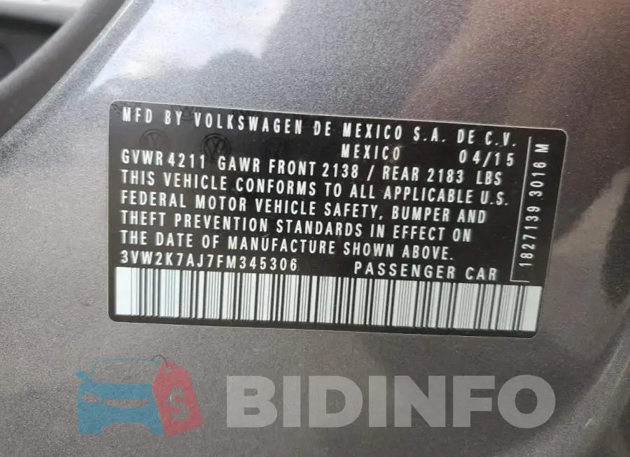 3VW2K7AJ7FM345306 Photo# 12