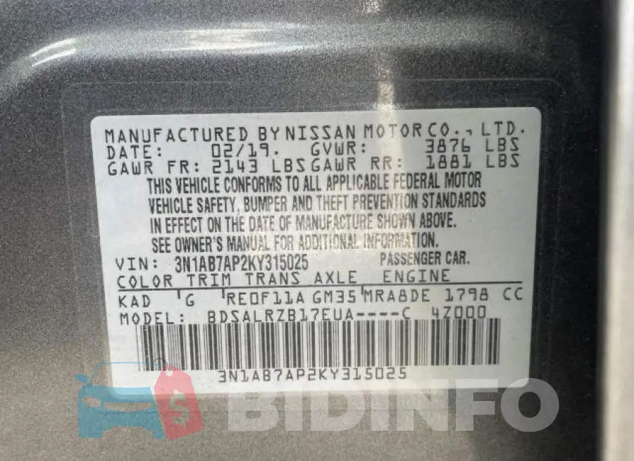 3N1AB7AP2KY315025 Photo# 10