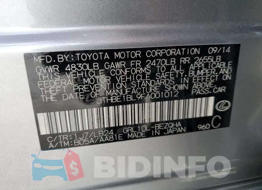 JTHBE1BL9FA001012 Photo# 12