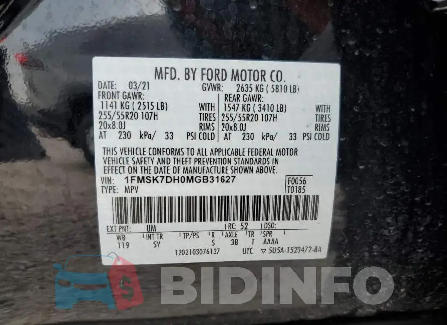1FMSK7DH0MGB31627 Photo# 13
