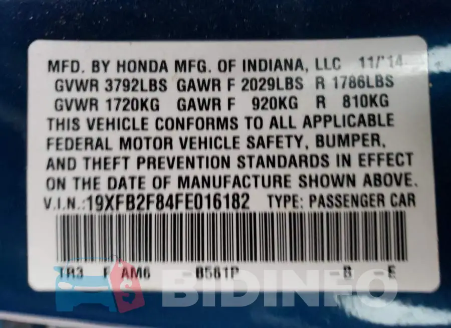 19XFB2F84FE016182 Photo# 13