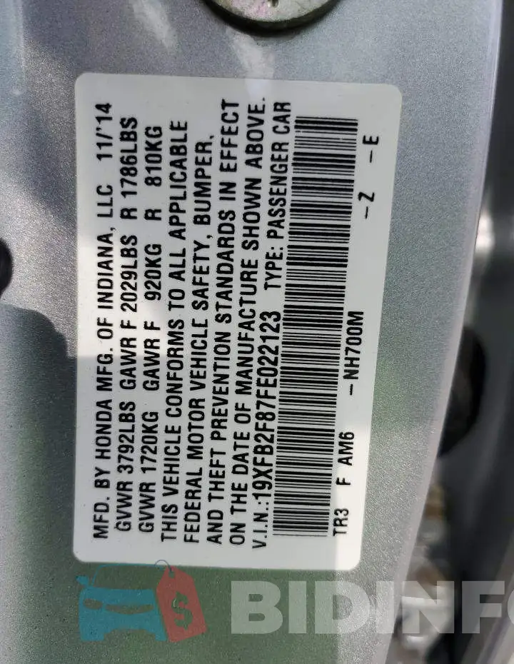 19XFB2F87FE022123 Photo# 12
