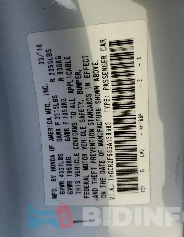 1HGCR2F56GA158883 Photo# 13