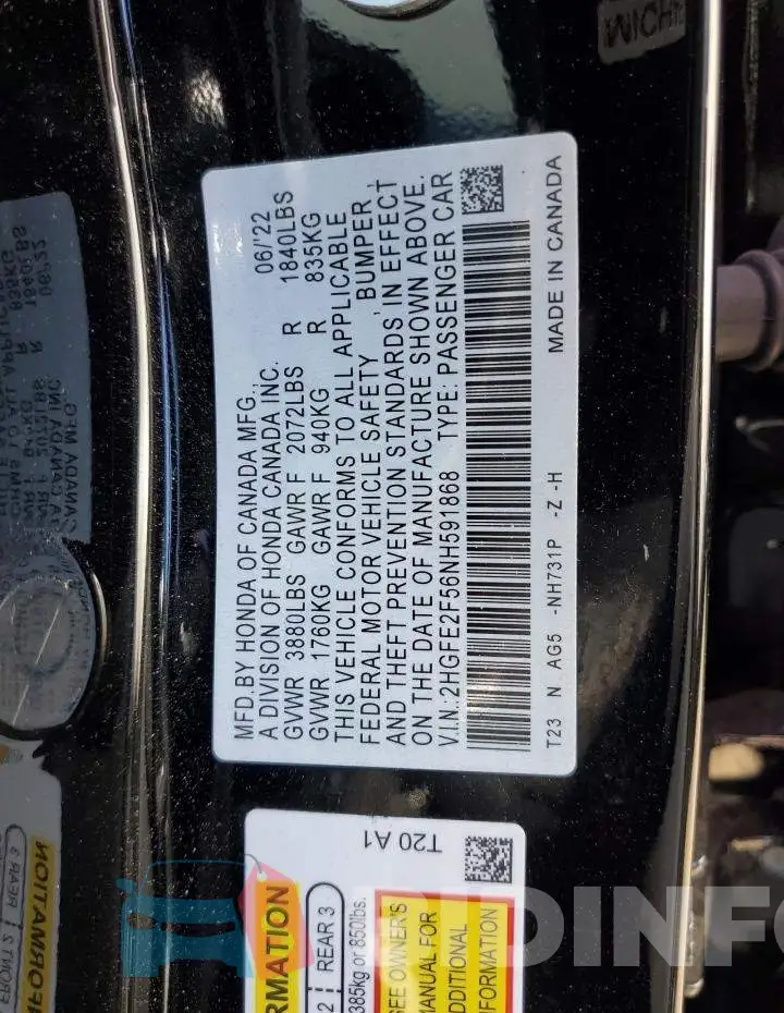 2HGFE2F56NH591868 Photo# 13