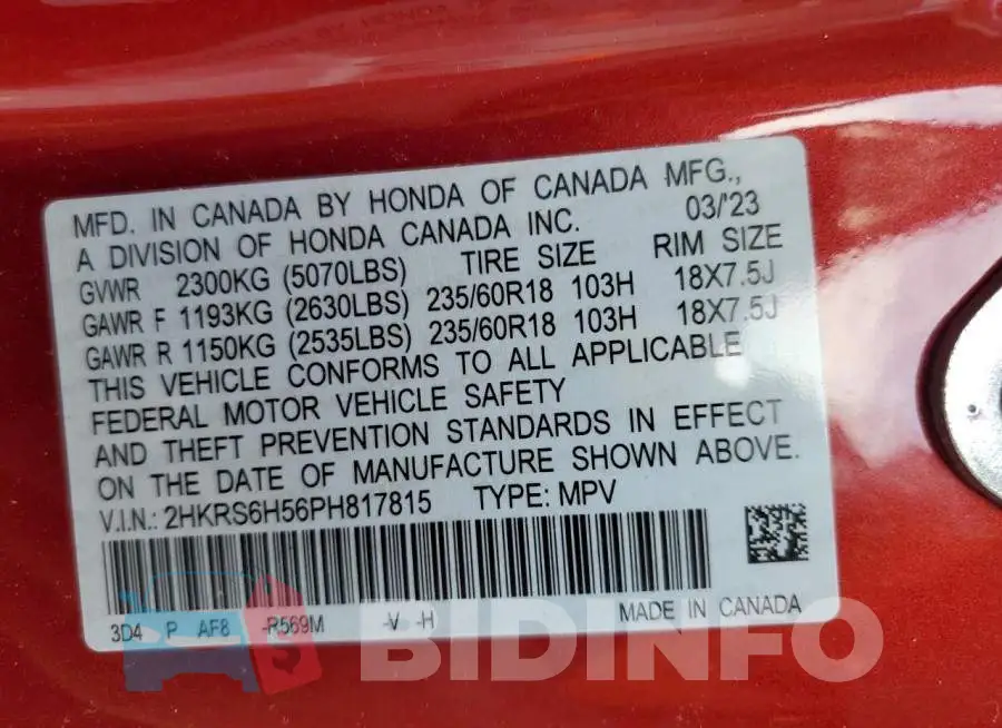 2HKRS6H56PH817815 Photo# 13