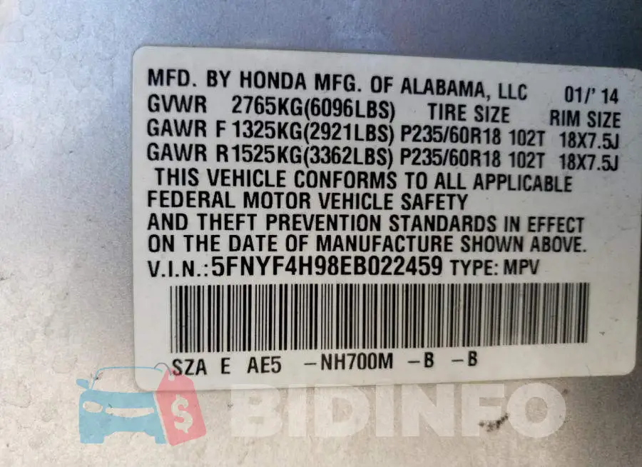 5FNYF4H98EB022459 Photo# 13